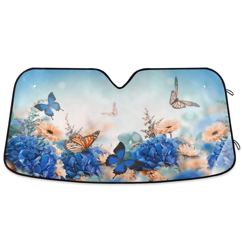 Oarencol Butterfly Daisy Car Windshield Sun Shade Blue Hydrangea Yellow Flowers Foldable UV Ray Sun Visor Protector Sunshade to Keep Your Vehicle Cool (55" x 27.6") - Image 1
